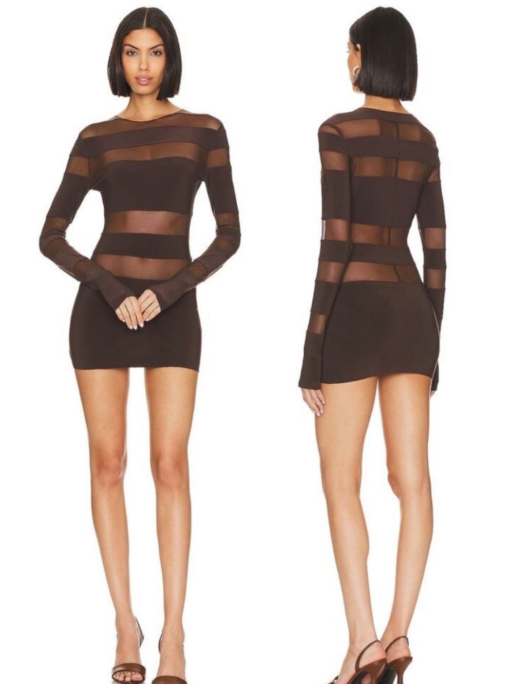 Norma Kamali Spliced Long Sleeve Pickleball Dress in Chocolate Mesh